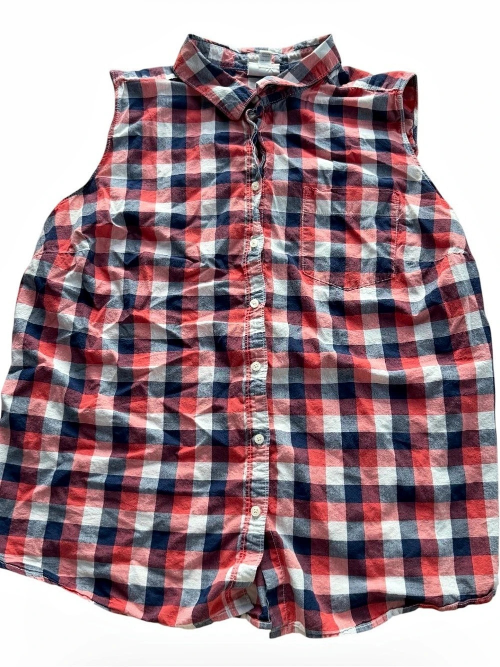 St. John’s Bay Womens 2X Sleeveless Plaid Button Down Shirt Red Blue Cotton